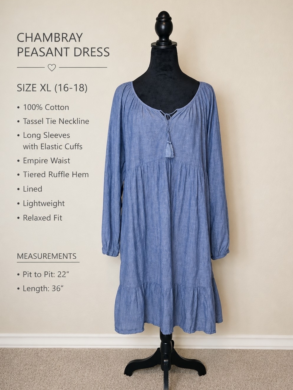 Chambray Peasant Dress - Blue XL 16-18